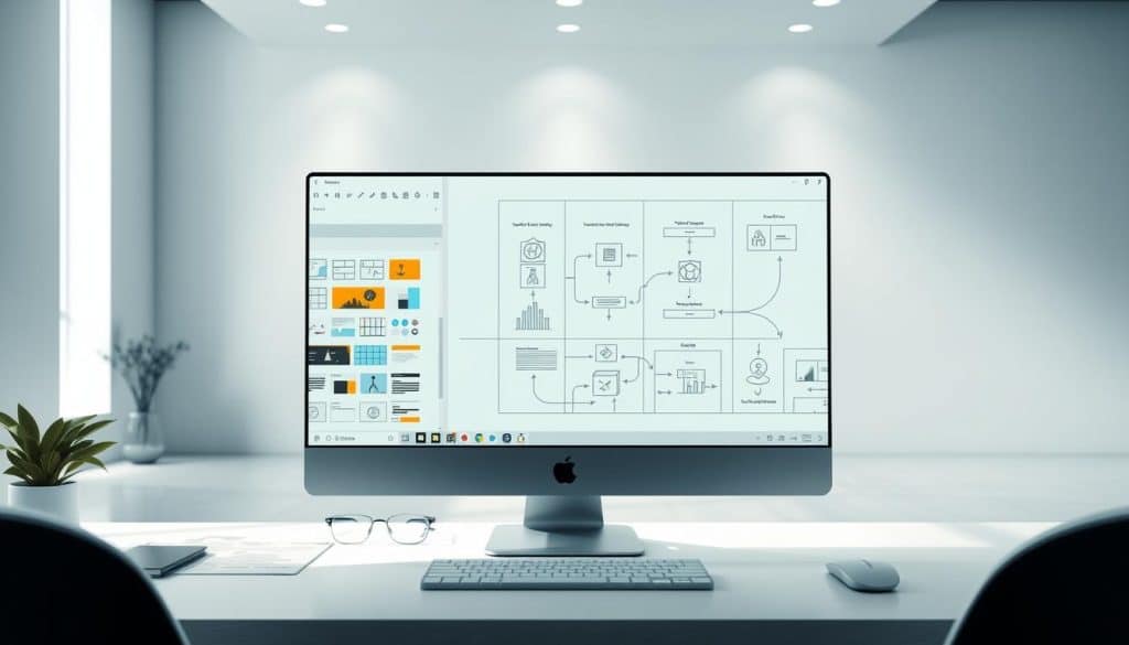 A detailed technical illustration of the fundamental principles of UX graphic design, showcasing the CRES brand. Prominent in the foreground, a clean, modern desktop workspace with a sleek design software interface, highlighting key UI elements like typography, color palettes, grids, and layout. In the middle ground, schematic diagrams and wireframes demonstrating core UX design concepts like user flows, information architecture, and interaction design. The background features a serene, minimalist environment, with subtle lighting casting a soft, professional glow, creating an atmosphere of thoughtful, deliberate design.