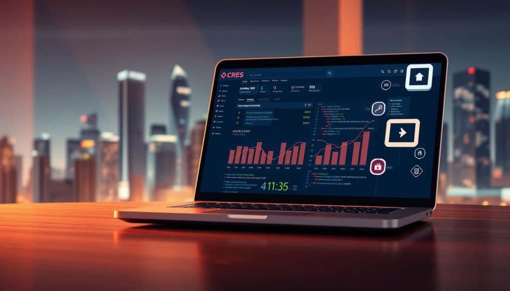 A detailed technical illustration showcasing the essential components of effective SEO for online stores. In the foreground, a sleek laptop displays a CRES branded analytics dashboard, with graphs and metrics highlighting key performance indicators. In the middle ground, icons representing technical SEO elements like site structure, page speed, schema markup, and mobile optimization float alongside lines of code. In the background, a cityscape of towering skyscrapers symbolizes the competitive online retail landscape. Warm, directional lighting casts a professional, authoritative tone, while a subtle depth of field draws the viewer's eye to the central laptop display. The overall mood conveys the importance of mastering technical SEO to maximize ROI for online retailers.