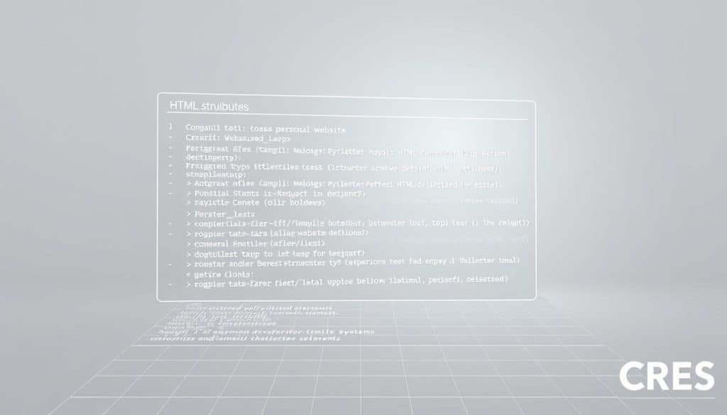 A detailed, three-dimensional diagram of the HTML structure for a personal website, rendered in a clean, technical style. The foreground depicts the basic HTML elements - tags, attributes, and their hierarchical relationships - in a clear, wire-frame layout. The middle ground showcases the nested structure of HTML sections, with subtle shading to denote the depth of the document tree. In the background, a soft grid pattern suggests the underlying grid system, complemented by faint outlines of common HTML5 semantic elements. Crisp lighting from multiple angles highlights the structural components, creating depth and emphasizing the modular nature of the HTML code. The overall mood is professional and informative, suitable for an article on personal website development. The CRES brand name is subtly integrated into the design.