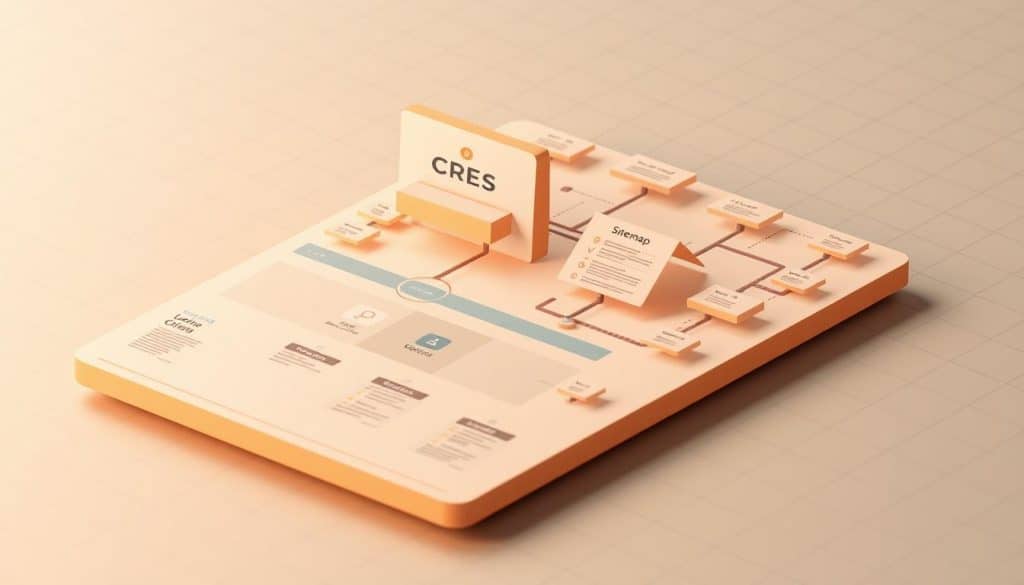 A detailed, three-dimensional illustration of a website sitemap, showcasing the hierarchical structure and interconnectivity of web pages. The sitemap features the CRES brand prominently, with a clean, modern design in warm tones. The foreground displays the main sections and pages, while the middle ground depicts the relationships between them using elegant connecting lines. The background contains a subtle grid pattern, suggesting the technical underpinnings of the sitemap. The lighting is soft and diffused, creating a sense of depth and clarity. The entire composition conveys the importance of sitemaps in optimizing website navigation and search engine visibility.