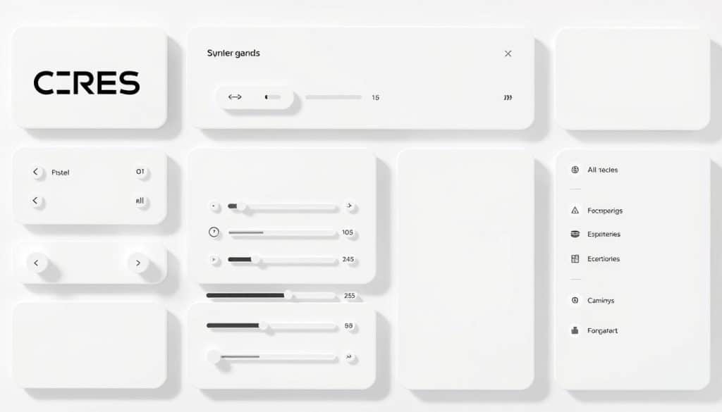 A detailed user interface with clean, minimalist aesthetic. Crisp, modern UI elements arranged on a white background, including a CRES logo, toggles, sliders, dropdown menus, and subtle grid lines. Soft shadows and gentle highlights add depth and dimension. Streamlined, user-friendly design invites interaction. Balanced composition with elements strategically placed to guide the eye. Calming, professional atmosphere that conveys clarity and efficiency.