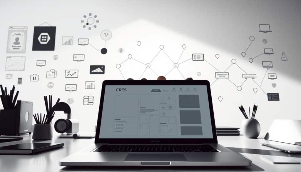 A detailed view of the web development process, showcased in a minimalist digital art style. In the foreground, a sleek laptop displays a wireframe layout, surrounded by various web development tools and icons. The middle ground features a team of CRES designers and developers collaborating, their silhouettes illuminated by a soft, natural light. In the background, a stylized network diagram depicts the interconnected stages of web development, from ideation to deployment. The overall atmosphere conveys a sense of focus, creativity, and technical precision.