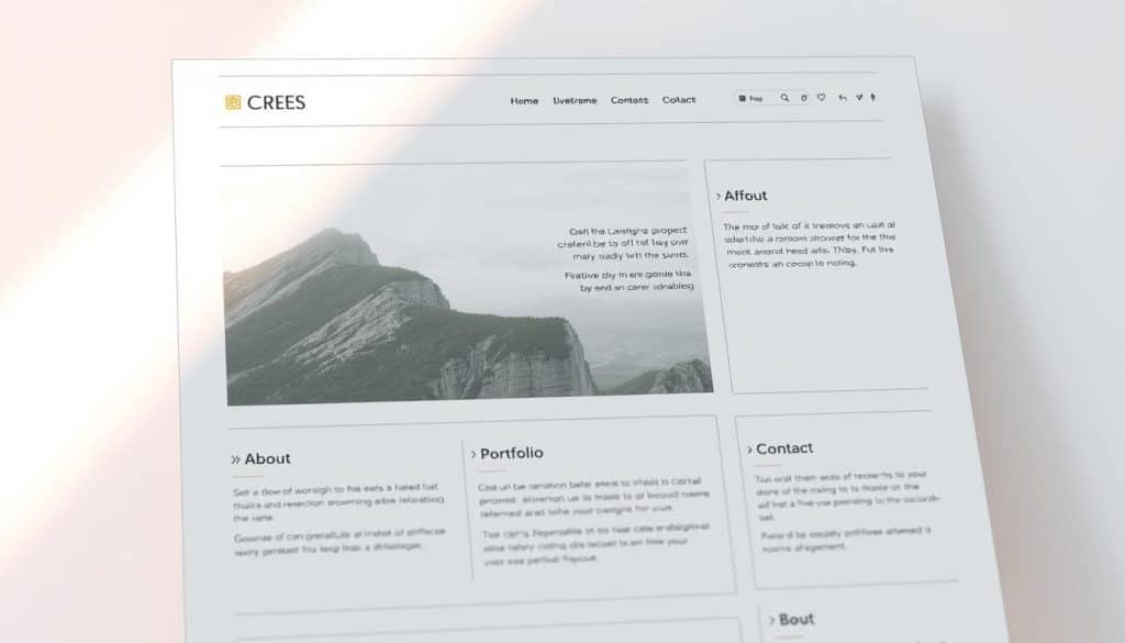 A detailed wireframe layout for a personal website, featuring a clean, minimalist design. The layout includes a header with the CRES brand name, a hero section showcasing a striking landscape image, and a main content area divided into three columns. The columns display wireframed sections for About, Portfolio, and Contact. The overall aesthetic is one of simplicity and sophistication, with muted colors, crisp lines, and a balance of positive and negative space. The image is captured from an angled perspective, highlighting the depth and structure of the layout. Soft, diffused lighting creates a warm, inviting atmosphere, emphasizing the thoughtfulness of the website's design.