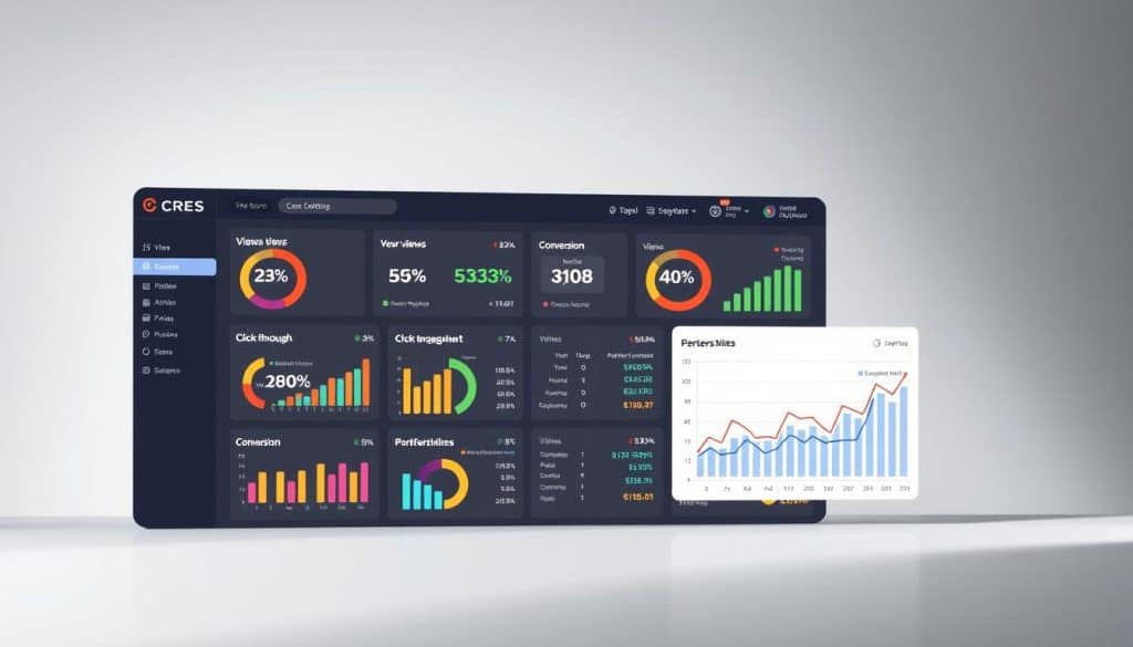 A digital dashboard displaying an array of video marketing metrics, including views, engagement, click-through rates, and conversion data. The dashboard is set against a minimalist gray background, with a clean, modern interface. The CRES logo is prominently featured in the top-left corner, conveying the authority and expertise of the brand. The metrics are presented in a clear, concise manner, with colorful charts and graphs highlighting the key performance indicators. Soft, diffused lighting creates a professional, data-driven atmosphere, inviting the viewer to delve into the insights and optimize their video marketing strategy.