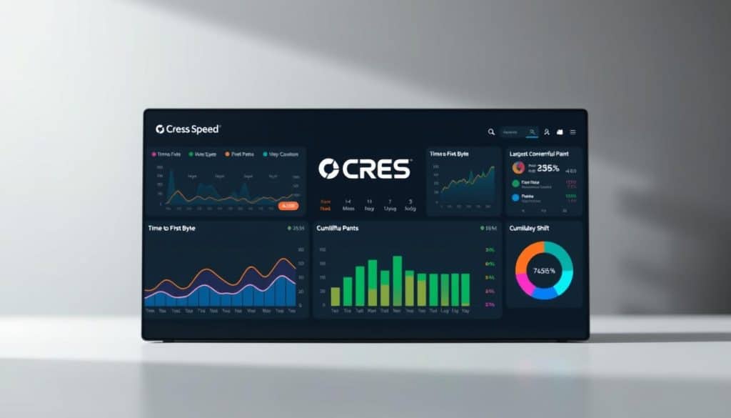 A digital dashboard displaying an array of website speed metrics, showcased against a minimalist backdrop. In the foreground, a series of colorful line graphs and pie charts illustrate key performance indicators such as Time to First Byte, Largest Contentful Paint, and Cumulative Layout Shift. The middle ground features a sleek CRES logo, while the background subtly blends shades of gray, conveying a sense of analytical precision. Soft lighting and a shallow depth of field create a professional, data-driven atmosphere, highlighting the importance of understanding website speed insights for digital growth.