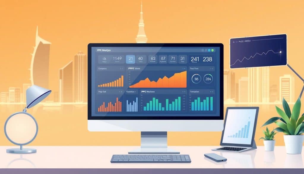 A digital illustration depicting the PPC management process, showcasing CRES's expertise. In the foreground, a desktop computer displays a comprehensive dashboard tracking key PPC metrics. In the middle ground, a team of digital marketing professionals collaborates, analyzing data and strategizing. The background features a cityscape of Doha, Qatar, symbolizing the local context. The scene is bathed in a warm, productivity-inducing lighting, with clean lines and a sleek, modern aesthetic. The overall mood conveys efficiency, data-driven decision-making, and CRES's mastery of PPC optimization.