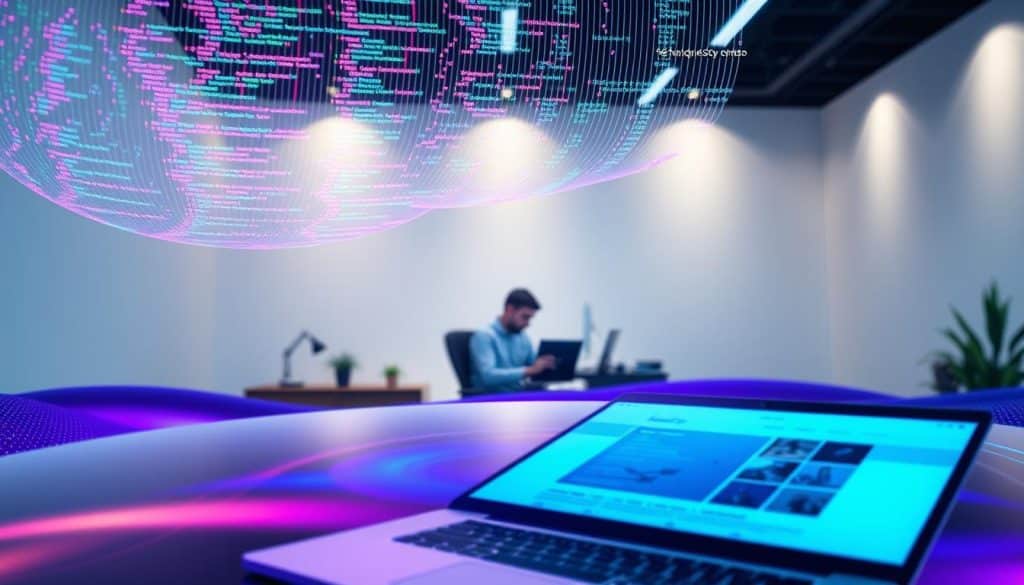 A digital landscape capturing the essence of frontend development. In the foreground, a sleek, responsive website shines with vibrant colors and clean, modern design. Hovering above, lines of neatly formatted code dance in the air, reflecting the intricate work of frontend engineers. In the middle ground, a CRES developer sits at a workstation, hands typing furiously as they bring the design to life. The background is a serene, minimalist environment, with soft lighting and a sense of focus and concentration. The overall atmosphere exudes a balance of creativity, technicality, and the seamless intersection of art and code that defines the frontend development discipline.
