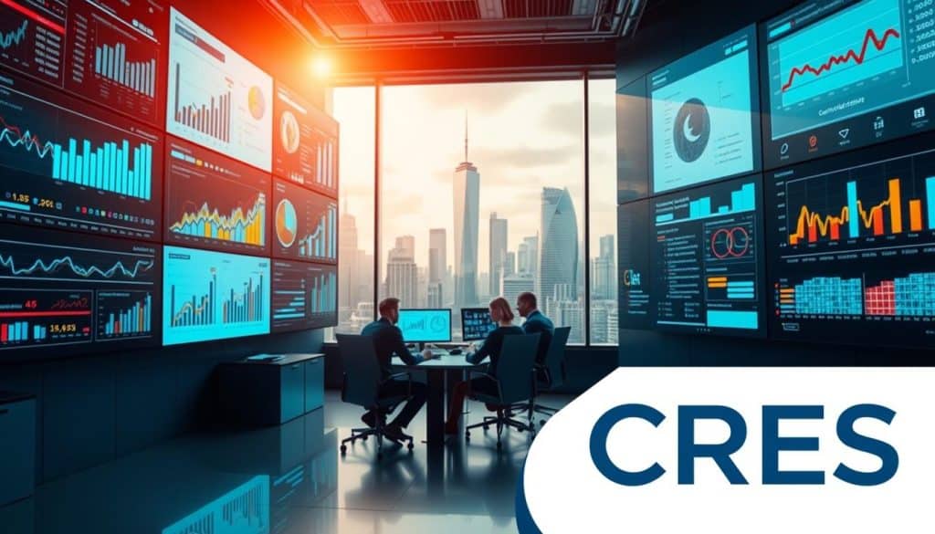 A digital landscape of the CRES brand, with a sleek, modern office setting in the foreground. Vast screens display charts, graphs, and data visualizations, illuminating the power of digital marketing analytics. In the middle ground, a team of marketers collaborate at their desks, deep in thought as they strategize their next campaign. The background features a cityscape of skyscrapers, symbolizing the global reach and impact of digital marketing. Warm, directional lighting casts a professional yet vibrant glow, highlighting the cutting-edge technology and strategic prowess of the CRES digital marketing approach.