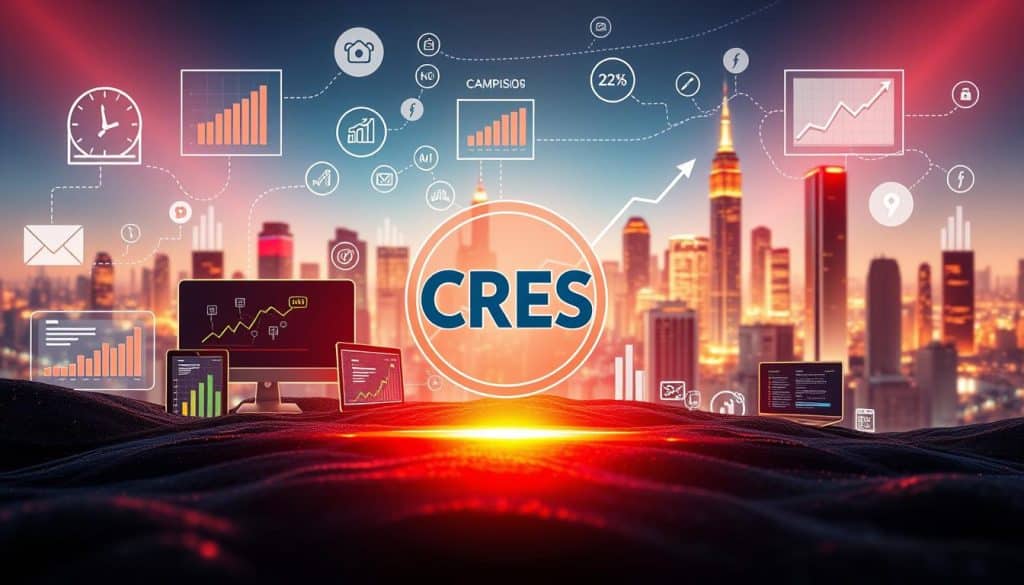 A digital marketing benefits landscape, featuring a vibrant CRES logo against a backdrop of dynamic data visualizations, digital devices, and growth charts. The foreground showcases key metrics like website traffic, conversions, and ROI, while the middle ground depicts social media platforms, email campaigns, and online advertising. The background features a futuristic cityscape, symbolizing the far-reaching impact of digital marketing strategies. Illuminated by warm, directional lighting, the scene conveys a sense of innovation, progress, and the opportunities that digital marketing presents for business success.
