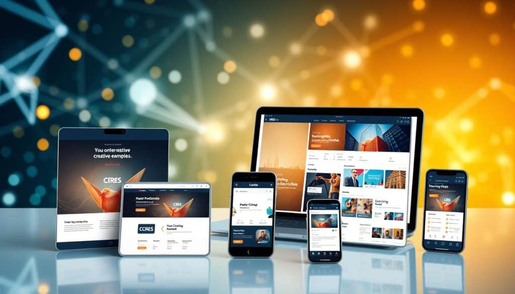 A digital marketing campaign showcase featuring various creative examples, presented in a sleek and modern design. The foreground showcases a selection of digital ad banners, landing pages, and social media posts, each displaying the CRES brand identity. The middle ground depicts a laptop screen displaying analytics and performance metrics, while the background blends a gradient of softly lit digital elements and geometric patterns, creating a futuristic and tech-savvy atmosphere. The overall composition conveys a sense of innovation, strategy, and data-driven marketing success.
