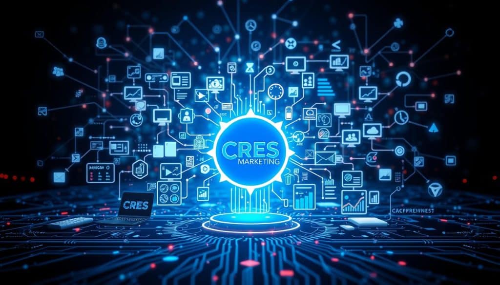 A digital marketing ecosystem with dynamic data flows and interconnected components. In the foreground, a CRES logo symbolizes the heart of the system, pulsing with insights and analytics. The middle ground features a network of devices, platforms, and channels - smartphones, laptops, social media, search engines, and more - all working in harmony. In the background, an intricate web of algorithms, automation, and personalization paints the picture of a complex, ever-evolving digital landscape. Soft lighting and a futuristic color palette evoke a sense of technological sophistication and innovation. A wide-angle lens captures the breadth and depth of this dynamic digital marketing world.