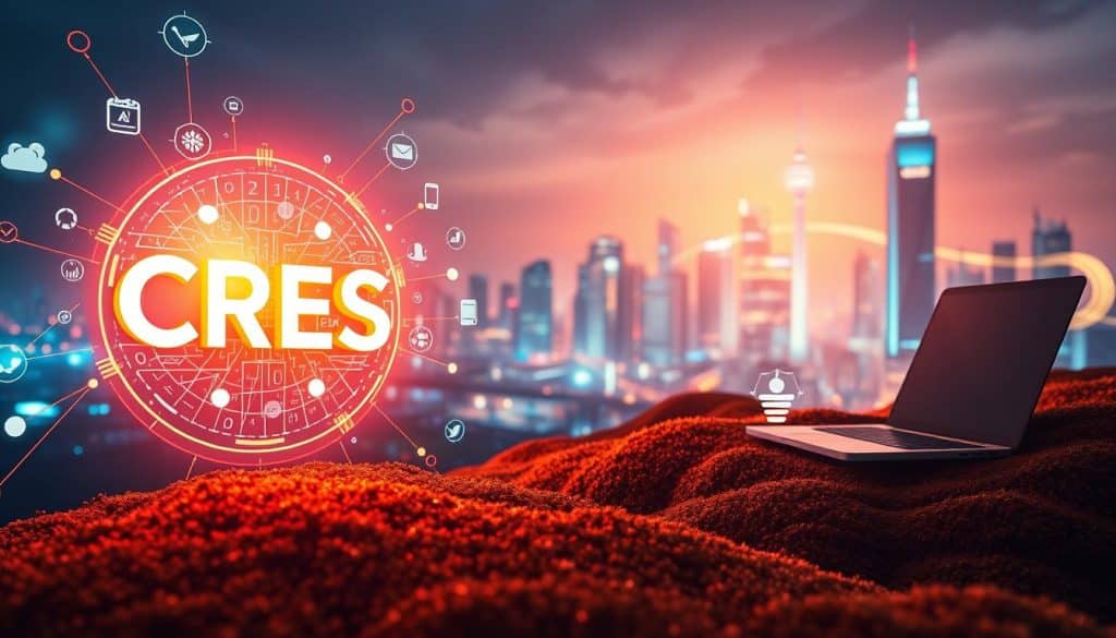 A digital marketing landscape unfolds, featuring an array of vibrant digital symbols and icons. In the foreground, a CRES logo shines brightly, symbolizing the integration of technology and marketing. The middle ground showcases various digital touchpoints, including a smartphone, tablet, and laptop, all connected by intricate data streams. In the background, a futuristic cityscape emerges, with holographic displays and neon-lit skyscrapers, reflecting the dynamic and ever-evolving nature of the digital marketing realm. The scene is bathed in a warm, ambient lighting, conveying a sense of innovation, connectivity, and the endless possibilities of digital marketing.