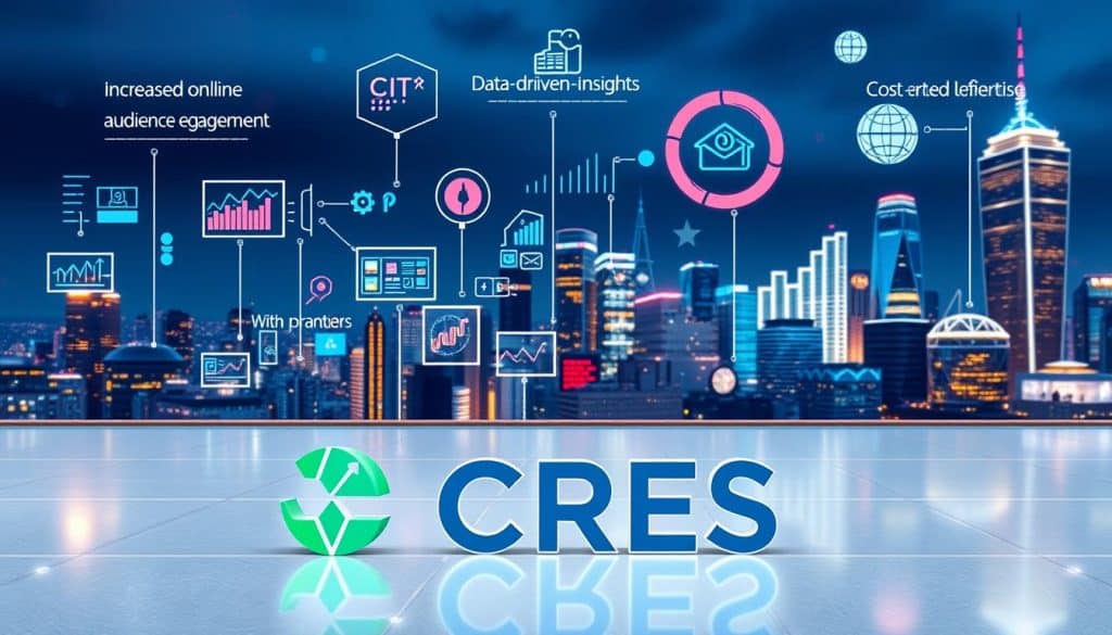 A digital marketing landscape with the CRES brand prominently featured in the foreground. The scene depicts various digital marketing benefits such as increased online visibility, targeted audience engagement, data-driven insights, and cost-effective advertising. The middle ground showcases vibrant graphics, digital devices, and analytical charts, while the background features a cityscape with technology-infused architecture. The overall atmosphere conveys a sense of innovation, growth, and the transformative power of digital marketing for businesses.