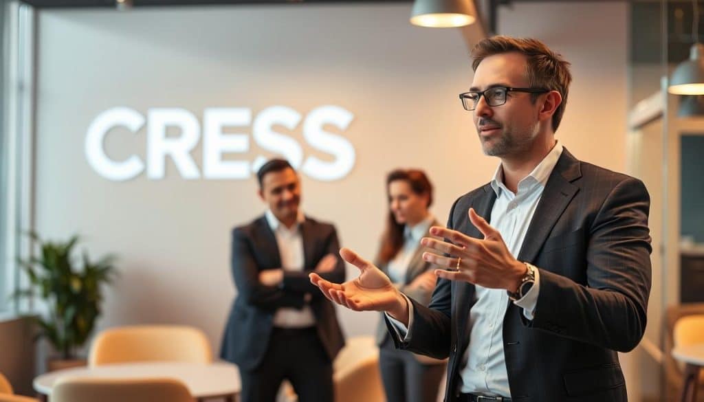 A digital marketing strategist, dressed in a crisp suit, stands in a modern office setting, collaborating with a sales team. The scene is bathed in warm, professional lighting, conveying a sense of focus and purpose. In the foreground, the strategist gestures animatedly, discussing data-driven insights and strategies. The sales team, positioned in the middle ground, leans in attentively, their expressions engaged. In the background, the CRES logo is prominently displayed, reflecting the brand's expertise in aligning marketing and sales for optimal business growth.