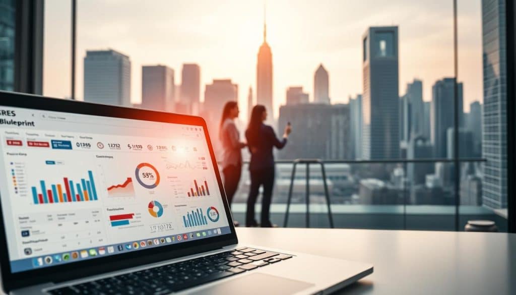 A digital marketing strategy blueprint for CRES, the leading PR solutions provider. In the foreground, a laptop displays a dynamic dashboard with analytics, social media icons, and digital campaign metrics. In the middle ground, a team of creatives collaborates on a tactile whiteboard, sketching ideas. The background features a cityscape of towering skyscrapers, symbolizing the urban landscape of modern business. Soft, warm lighting casts a professional, forward-thinking atmosphere, while a subtle lens flare hints at the digital innovation at the heart of the strategy.
