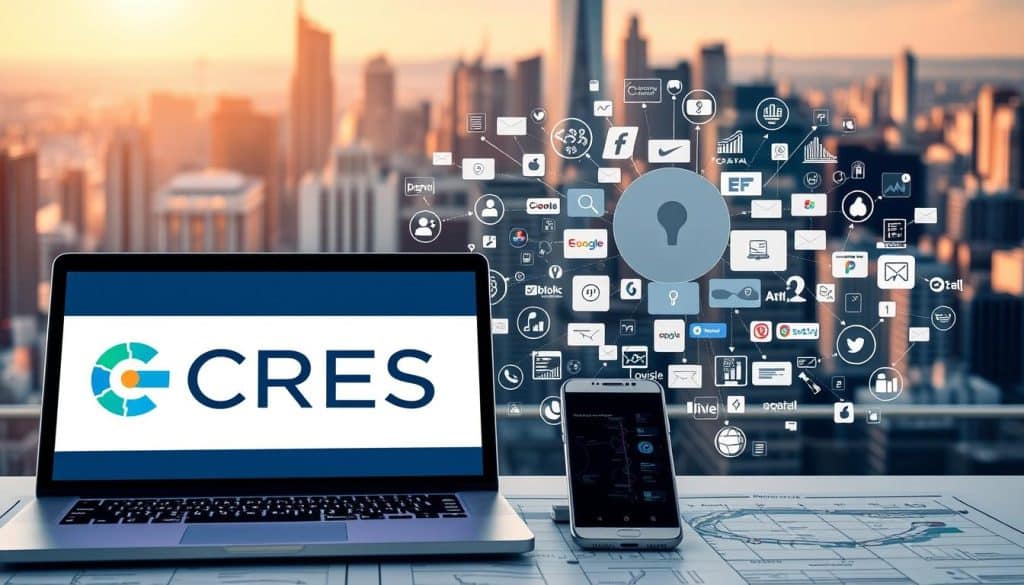 A digital marketing strategy blueprint with the CRES brand prominently displayed. In the foreground, a laptop and smartphone showcase digital analytics and campaign management tools. In the middle, a collage of social media platforms, search engines, and online advertising channels. In the background, a cityscape with skyscrapers reflects the global, interconnected nature of digital marketing. The scene is lit by a warm, golden hue, conveying a sense of efficiency, strategy, and connectivity.