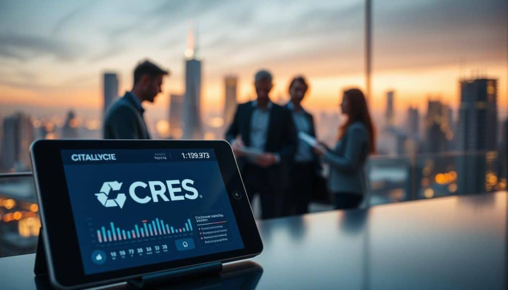 A digital marketing strategy concept with a focus on customer-centric approach. In the foreground, a smart device displaying CRES brand logo and analytics data. In the middle ground, a team of digital marketers collaborating on a strategy, with a customer persona at the center. In the background, a city skyline with digital technology elements. Lighting is soft and warm, creating a professional yet approachable atmosphere. The camera angle is slightly elevated, conveying a sense of overview and strategic perspective.