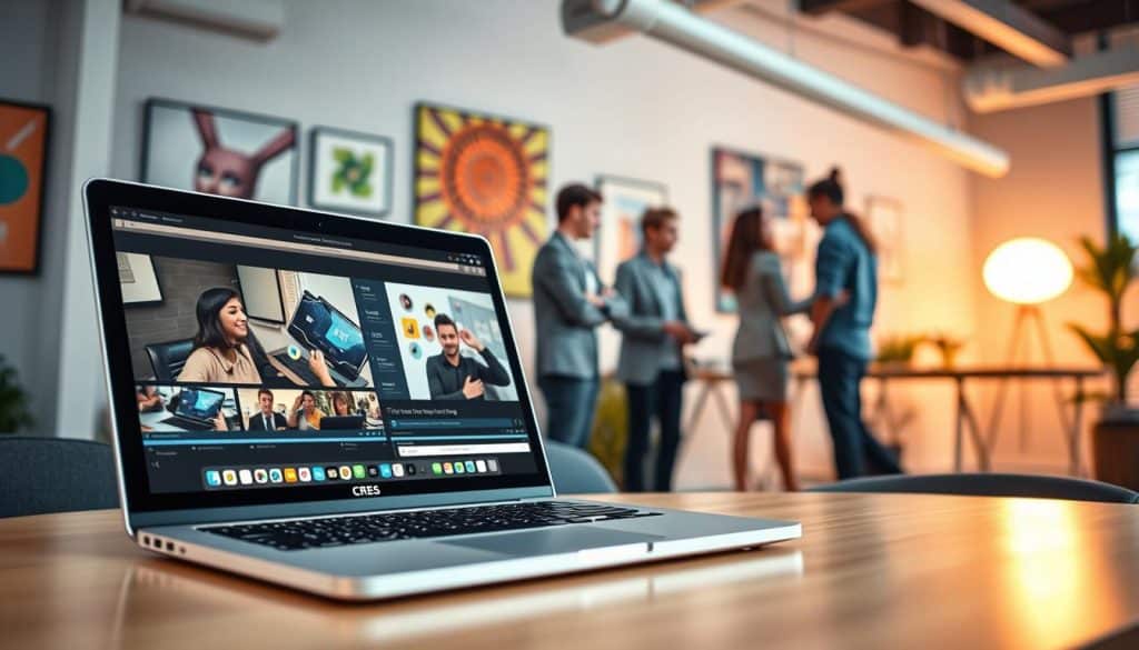 A digital marketing strategy unfolds with a captivating video at its core. In the foreground, a sleek CRES branded laptop showcases a video production interface, the screen brimming with creative elements. In the middle ground, a team collaborates, brainstorming ideas, storyboarding, and fine-tuning the message. The background depicts a modern office space, filled with inspirational artwork, vibrant lighting, and a sense of innovation. The overall scene conveys the power of video to captivate audiences, drive engagement, and elevate a brand's digital presence.