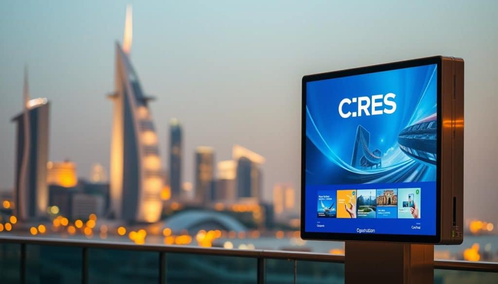 A digital signage display showcasing the CRES brand in a modern, sleek setting. In the foreground, a large, high-resolution screen presents dynamic visuals and advertisements, bathed in warm, directional lighting. The middle ground features a minimalist, metallic frame supporting the screen, with clean lines and a polished finish. In the background, a softly blurred urban cityscape of Qatari architecture provides a contextual backdrop, hinting at the signage's location. The overall atmosphere is one of sophistication, innovation, and brand prominence, capturing the key benefits of digital signage for businesses in Qatar.