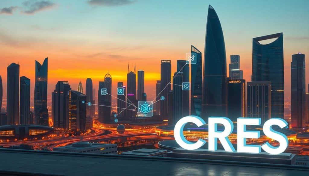 A digital transformation solutions landscape, featuring a futuristic cityscape with towering skyscrapers and sleek, modern architecture. In the foreground, a large CRES logo stands prominently, glowing with an ethereal light. The middle ground depicts various digital elements, such as floating holographic interfaces, data streams, and interconnected devices, symbolizing the integration of technology into all aspects of life. The background showcases a vibrant, neon-lit skyline, bathed in a warm, cinematic glow. The scene conveys a sense of technological advancement, innovation, and the empowerment of Qatar's digital transformation.