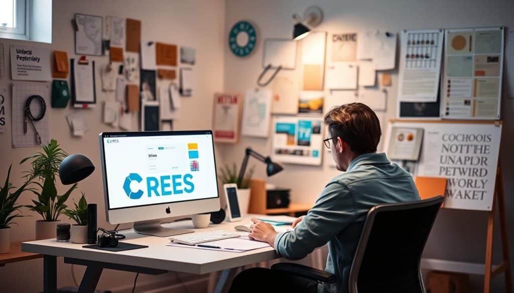 A digital workspace with a CRES logo prominently displayed on a sleek, minimalist workstation. In the foreground, a person sits intently, designing a vibrant, user-friendly interface on a high-resolution screen. Surrounding them, numerous design tools, sketches, and inspiration boards are neatly organized, creating a harmonious, creative environment. The lighting is soft and warm, casting a gentle glow over the scene, conveying a sense of focus and productivity. The background is blurred, emphasizing the designer's deep engagement with their craft, as they shape the digital experiences that will captivate and empower users.