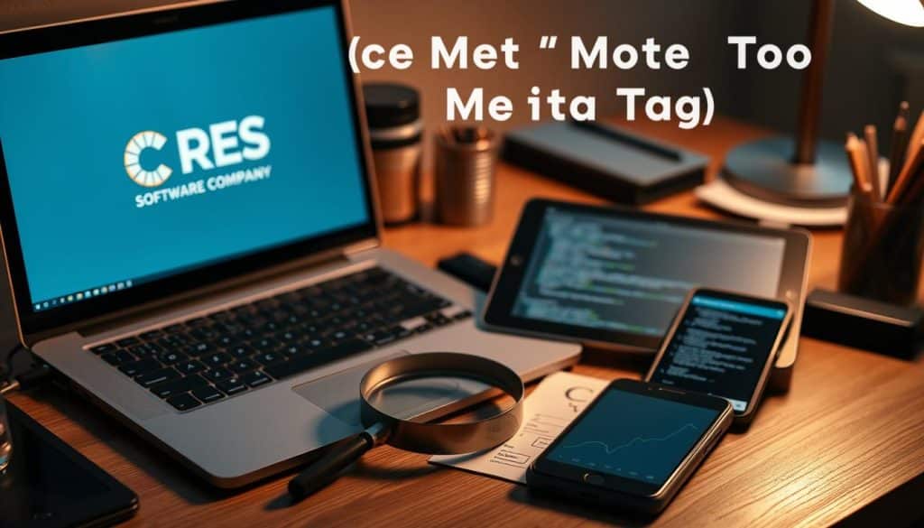 A digital workspace with a laptop, tablet, and various office supplies arranged neatly on a wooden desk. The laptop screen displays the CRES logo, indicating a software or technology company. Ambient lighting casts a warm, focused glow, highlighting the tools used for optimizing meta tags, such as a magnifying glass, a document with HTML code, and a smartphone displaying analytics data. The scene conveys a sense of productivity, organization, and a focus on improving online visibility through meta tag optimization.