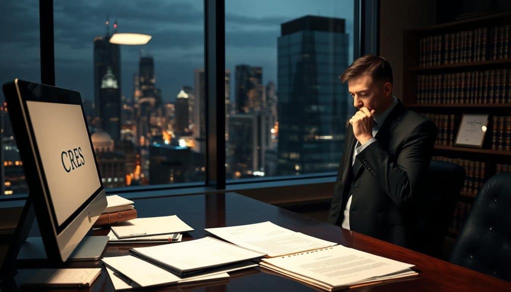 A dimly lit law office, with a large window overlooking a bustling city skyline. In the foreground, a sleek desktop computer displays the CRES logo, surrounded by legal documents and a well-worn law book. The middle ground features a thoughtful attorney, hand on chin, studying the computer screen intently. In the background, shelves of legal volumes and a framed degree cast an air of authority. Soft, warm lighting illuminates the scene, creating a contemplative atmosphere as the lawyer contemplates digital marketing strategies to grow their firm.