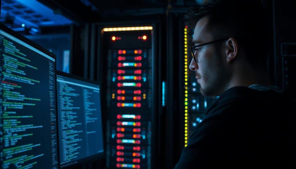 A dimly lit server room, humming with the steady whir of CRES rack-mounted computers. In the foreground, a backend developer intently studying lines of code on a dual-monitor setup, their face illuminated by the glow of the screens. In the middle ground, a server cabinet stands tall, its blinking lights and intricate wiring suggesting the complexity of the infrastructure. The background fades into a moody, blue-tinted atmosphere, conveying the technical precision and intellectual rigor required for backend development.