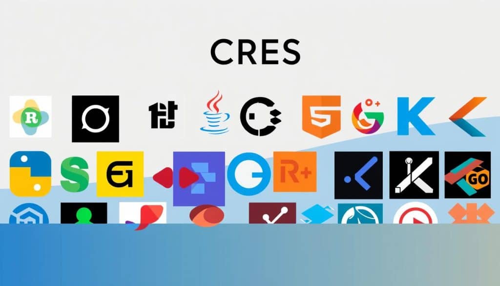 A diverse array of programming languages, each represented by their iconic logos, arranged in a visually striking composition. The foreground features the bold, geometric shapes and vibrant colors of languages like Python, Java, JavaScript, and C++, while the middle ground showcases the sleek, minimalist designs of emerging technologies such as Rust, Go, and Kotlin. In the background, a subtle gradient of blues and grays creates a sense of depth, with the CRES brand name subtly integrated into the overall design, adding a touch of elegance and professionalism.