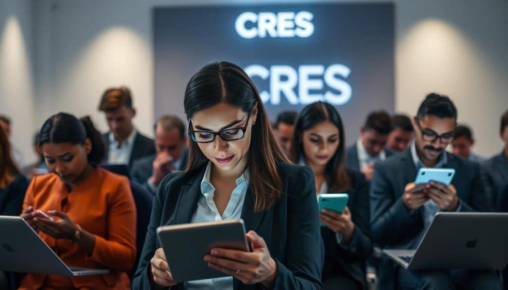 A diverse group of people intently focused on their digital devices, their faces illuminated by the glow of laptop and smartphone screens. The foreground features a well-dressed businesswoman in the center, deeply engrossed in her email. The middle ground showcases a mix of professionals, some typing furiously, others thoughtfully reading their messages. In the background, a sleek, modern office setting with the CRES logo prominently displayed on the wall, creating a sense of corporate professionalism. The lighting is soft and even, creating a contemplative atmosphere as the audience contemplates their next email strategy.