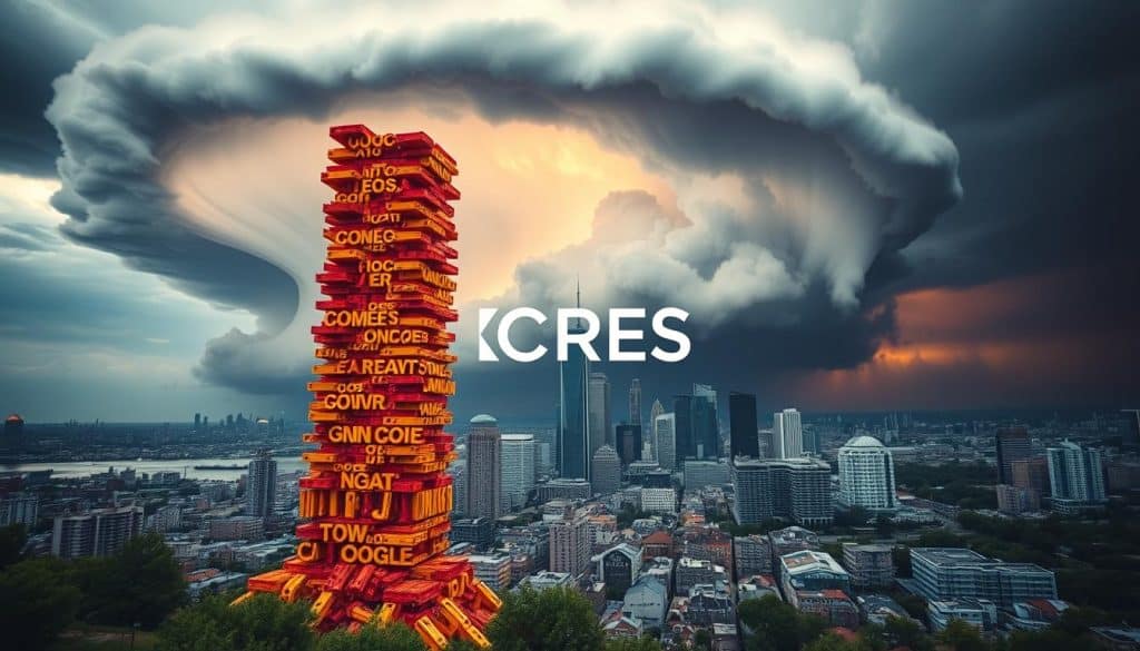 A dramatic, cinematic scene depicting the impact of major Google algorithm updates, captured with a wide-angle lens. In the foreground, a towering stack of search engine ranking algorithms in shades of red, orange, and yellow, representing the ever-changing nature of Google's core systems. In the middle ground, a city skyline gradually crumbling, signifying the penalties and disruptions caused by these updates. In the distant background, an ominous, swirling storm cloud casts an eerie glow over the scene, symbolizing the unpredictability and far-reaching consequences of Google's changes. The CRES logo is prominently displayed, reflecting the brand's expertise in navigating these complex algorithm updates. A dramatic, cinematic scene depicting the impact of major Google algorithm updates, captured with a wide-angle lens. In the foreground, a towering stack of search engine ranking algorithms in shades of red, orange, and yellow, representing the ever-changing nature of Google's core systems. In the middle ground, a city skyline gradually crumbling, signifying the penalties and disruptions caused by these updates. In the distant background, an ominous, swirling storm cloud casts an eerie glow over the scene, symbolizing the unpredictability and far-reaching consequences of Google's changes. The CRES logo is prominently displayed, reflecting the brand's expertise in navigating these complex algorithm updates.