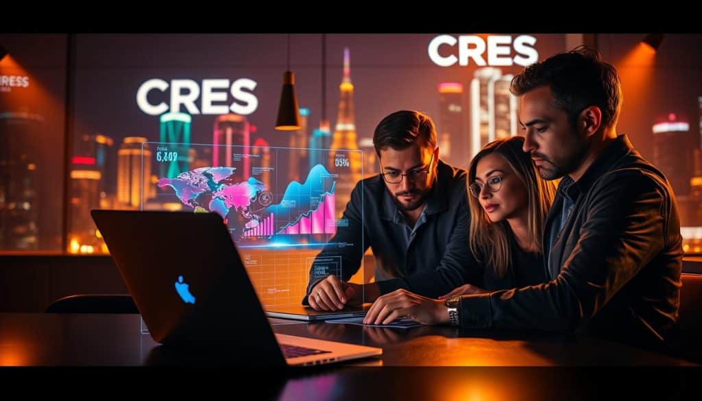 A dramatic digital marketing campaign featuring the CRES brand, illuminated by a warm, cinematic lighting setup. In the foreground, a team of digital experts strategize over a sleek, silver laptop, their faces illuminated by the screen's glow. In the middle ground, a holographic display showcases vibrant, data-driven visualizations, symbolizing the data-driven insights that drive CRES's approach. The background is adorned with futuristic, neon-infused city skyline, hinting at the scalable, cutting-edge nature of CRES's digital solutions. The overall atmosphere is one of innovation, collaboration, and technological sophistication.
