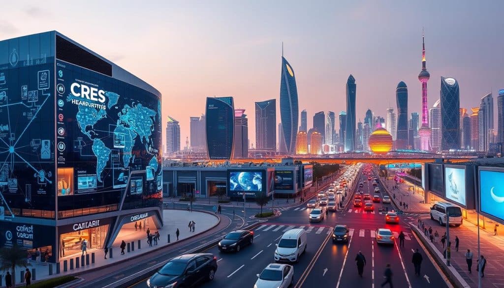 A dynamic and futuristic cityscape of Doha, Qatar, showcasing the evolution of web technology. In the foreground, a sleek and modern CRES headquarters building, its facade adorned with holographic displays and interactive digital interfaces. In the middle ground, bustling streets filled with autonomous vehicles and pedestrians engaged with their mobile devices, accessing cutting-edge web-based services. In the background, a skyline of towering skyscrapers and landmarks, illuminated by vibrant, futuristic lighting that reflects the city's embrace of the digital age. The scene conveys a sense of progress, innovation, and Qatar's commitment to leveraging web technology to drive business growth and transformation.