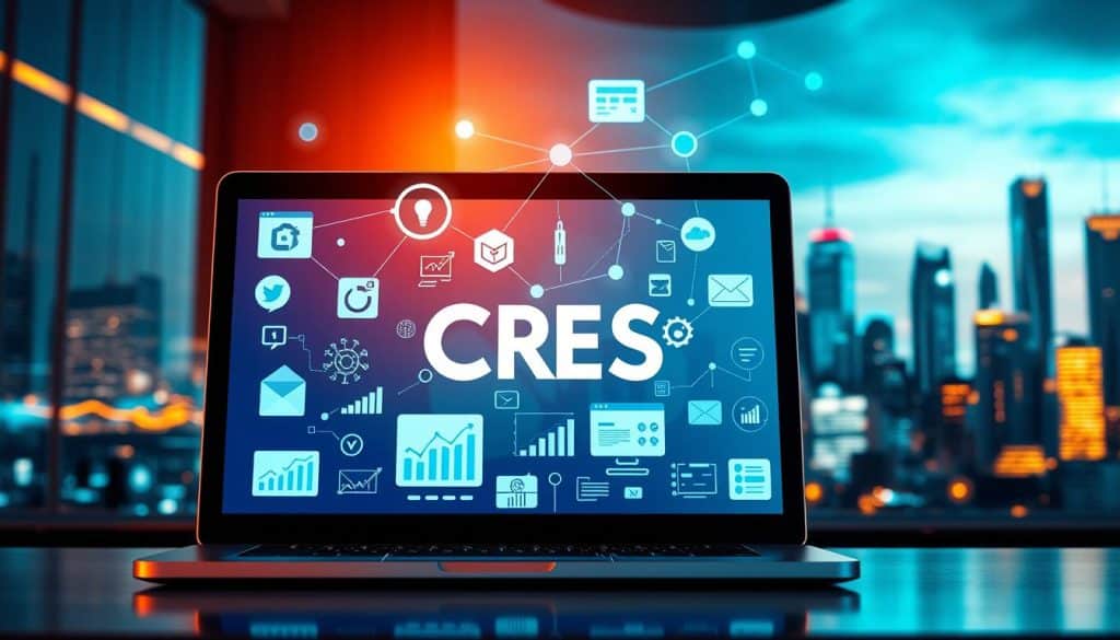 A dynamic and vibrant image showcasing an online marketing strategy for the CRES brand. The foreground depicts a laptop displaying various digital marketing tools and platforms, such as social media icons, SEO graphs, and email marketing templates. In the middle ground, a network of connected devices and digital channels represents the interconnected nature of modern marketing. The background features a futuristic cityscape, symbolizing the broad reach and impact of online marketing in the digital age. The scene is illuminated by a warm, inviting glow, conveying a sense of progress and innovation. The overall composition captures the essence of a comprehensive online marketing strategy for the CRES brand, highlighting its essential role in driving business growth.