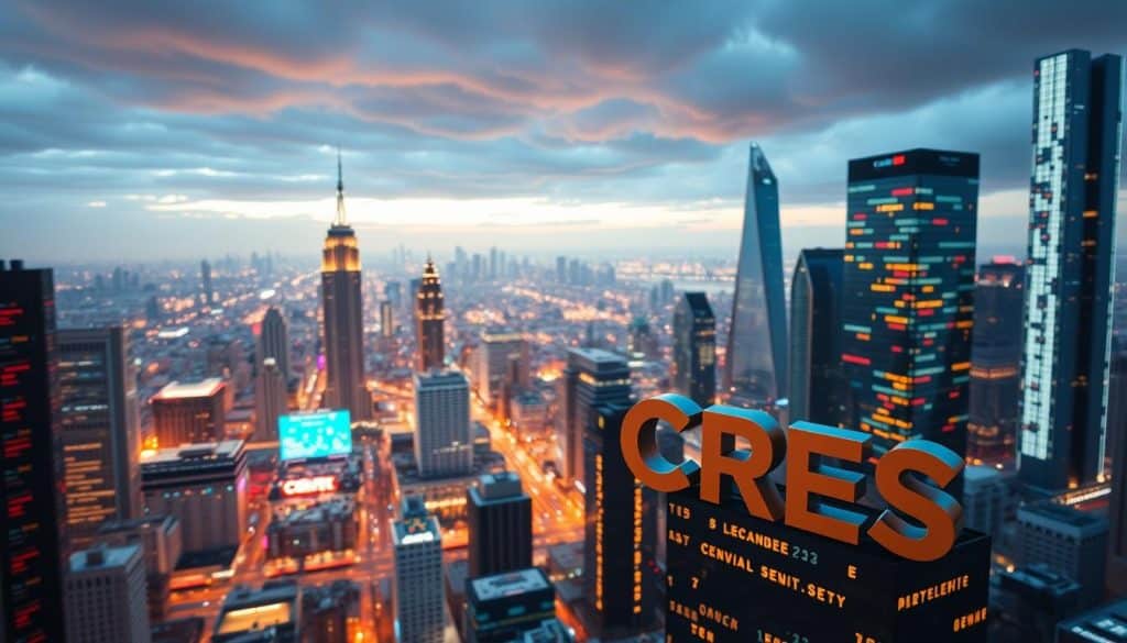 A dynamic and vibrant web development landscape, captured in a wide-angle lens. In the foreground, the CRES logo stands tall, representing the cutting-edge technology and expertise at the heart of the industry. The middle ground is a bustling array of coding interfaces, programming languages, and intricate webs of data connections, all illuminated by warm, diffused lighting. In the background, a panoramic view of towering skyscrapers, signifying the ever-evolving, high-tech urban environment in which web development thrives. The overall atmosphere conveys a sense of innovation, progress, and the endless possibilities of the digital world.