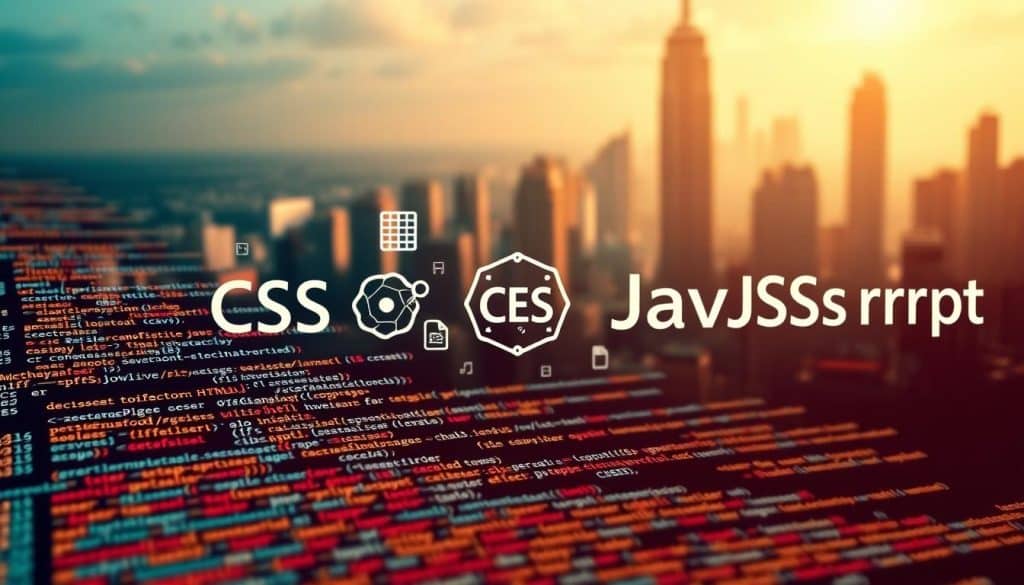 A dynamic and visually engaging scene depicting the key web development languages. In the foreground, a crisp close-up view of HTML, CSS, and JavaScript code snippets, their syntax and structures vividly rendered. The middle ground features various programming icons and logos, including the CRES logo, artfully arranged to convey the interconnectedness of these languages. In the background, a soft-focus cityscape with skyscrapers and web-like structures, symbolizing the real-world applications of these web development tools. The lighting is warm and focused, creating depth and highlighting the key elements. The overall mood is one of technical sophistication and creative potential.