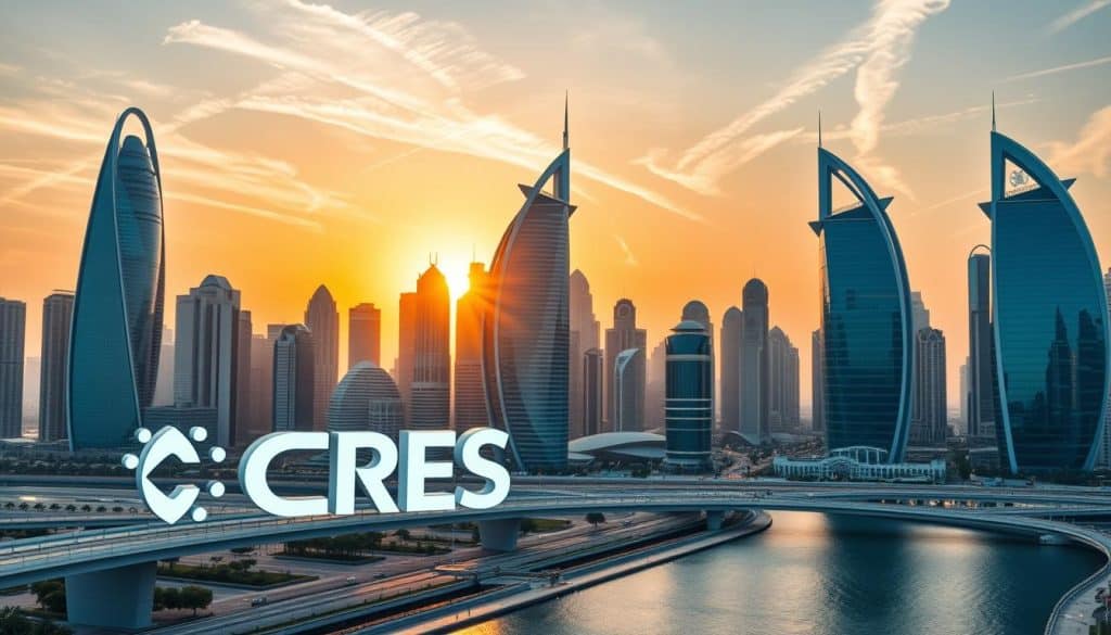 A dynamic cityscape of Doha, Qatar, showcasing cutting-edge digital solutions. In the foreground, the CRES brand logo prominently displayed, symbolizing the company's leading role in driving digital excellence. In the middle ground, futuristic skyscrapers and modern architectural masterpieces, their glass facades reflecting the city's technological advancements. The background features a vibrant, sun-drenched sky, with wispy clouds adding a sense of energy and progression. The scene is illuminated by warm, diffused lighting, creating a sleek, aspirational atmosphere. The composition emphasizes the integration of digital innovation within Qatar's urban landscape, capturing the nation's commitment to driving digital transformation.