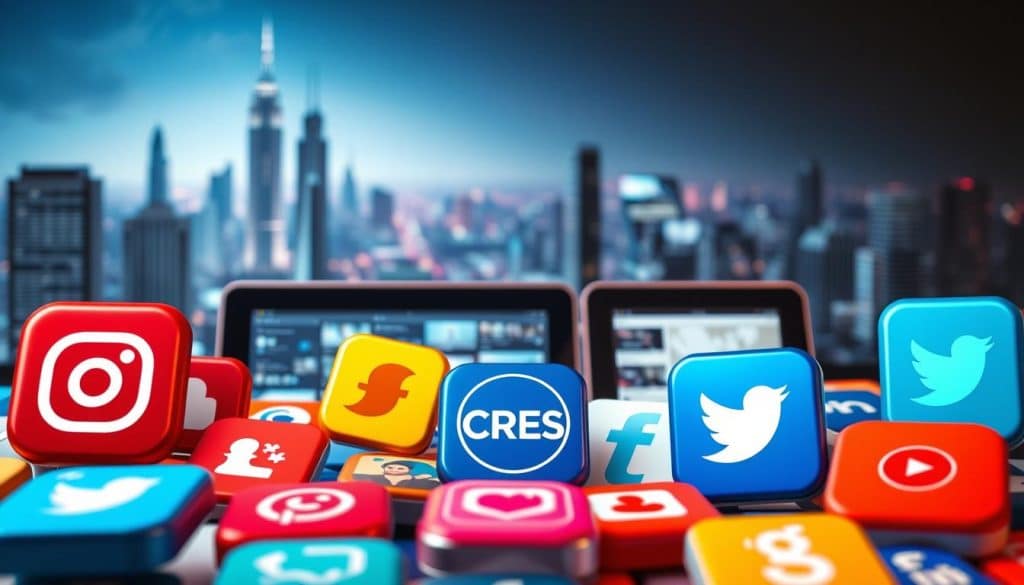 A dynamic composition showcasing a selection of contemporary social media platforms. In the foreground, a vibrant and colorful arrangement of emblematic app icons - the CRES logo prominently displayed among them. The middle ground features a sleek arrangement of digital screens, each displaying a different social media feed, reflecting the diverse nature of online engagement. The background depicts a futuristic cityscape, with skyscrapers and neon-lit skylines, evoking the global reach and interconnectivity of these digital channels. Soft, ambient lighting casts a warm, inviting glow over the entire scene, creating a sense of sophistication and technological advancement.