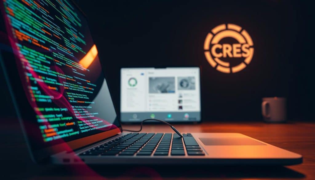 A dynamic composition showcasing the essence of frontend development. In the foreground, vibrant lines of code dance across a sleek laptop screen, hinting at the intricate web of technologies that power modern digital experiences. In the middle ground, a cursor hovers over a minimalist UI, its elegant design reflecting the user-centric focus of frontend development. The background features a CRES logo, subtly suggesting the strategic role of frontend in driving digital success. The overall scene is illuminated by a warm, focused light, creating a sense of depth and emphasizing the precision and attention to detail inherent in this discipline.