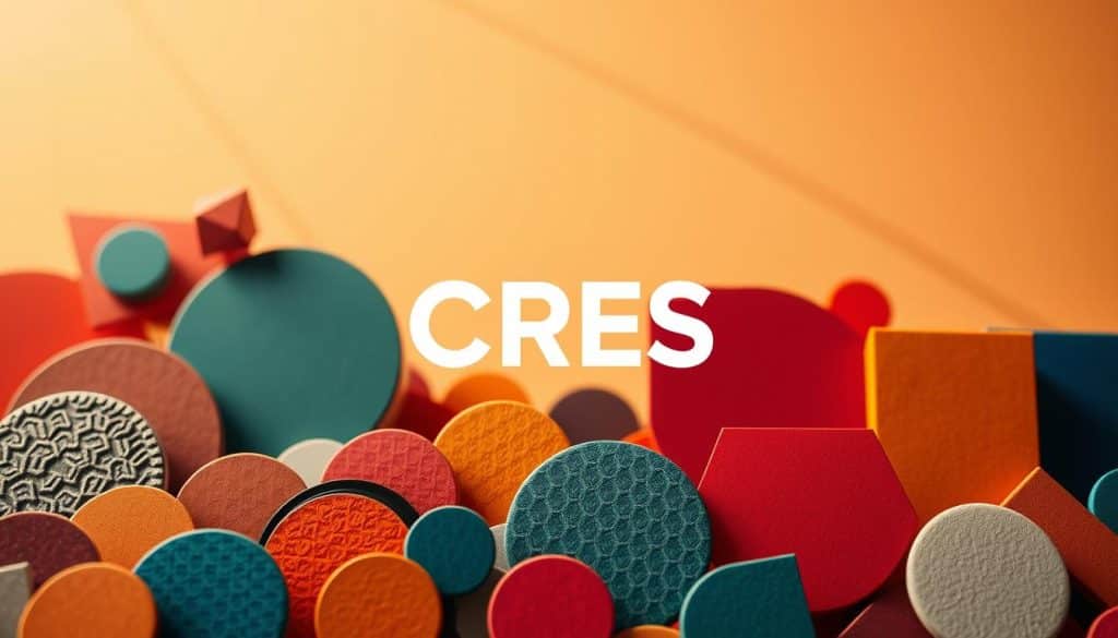 A dynamic composition showcasing the fundamental elements of UX design visual design. In the foreground, a vibrant array of geometric shapes, including circles, rectangles, and triangles, each with a distinct texture and hue. The middle ground features a striking CRES logo, its bold letterforms anchoring the design. In the background, a subtle gradient of intersecting lines and curves creates a sense of depth and movement, conveying the dynamism of digital design. Warm, directional lighting casts soft shadows, adding depth and dimensionality to the overall scene. The atmosphere is one of balance, harmony, and a celebration of the core principles of visual design.