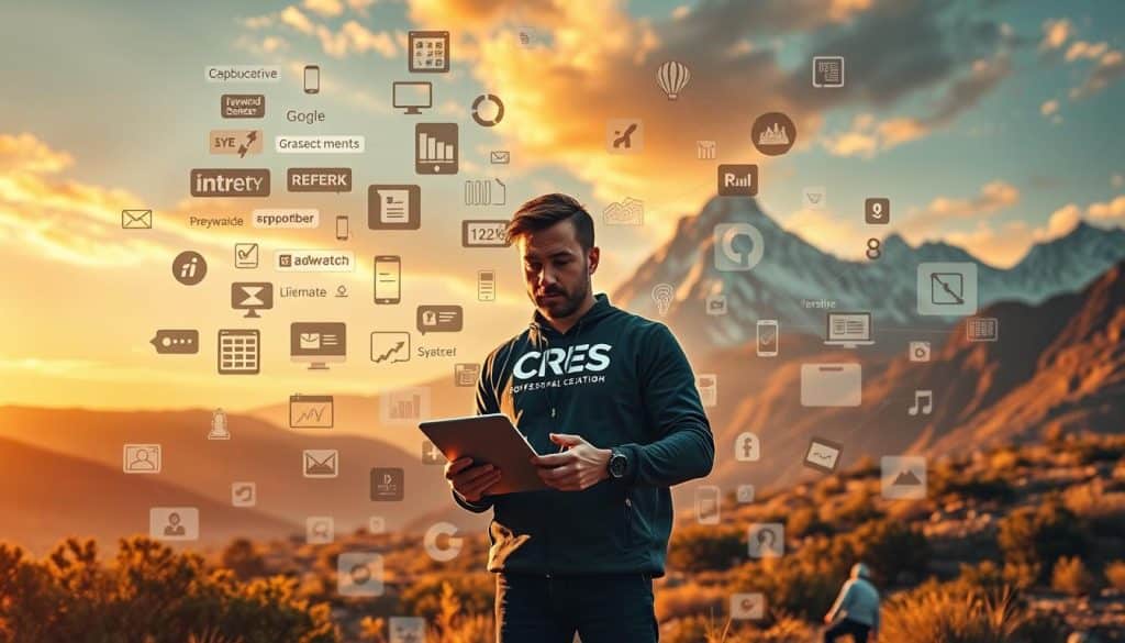 A dynamic, content-rich landscape with a central figure embodying the CRES brand. In the foreground, a professional content creator crafts engaging digital assets, surrounded by a swirl of keywords, data visualizations, and creative inspiration. In the middle ground, a networked array of devices and screens showcase the diverse distribution channels, from blogs to social media. The background features a towering mountain range, symbolizing the peaks of organic search visibility and digital growth. Warm, sunset lighting casts a golden glow, conveying a sense of productivity, strategy, and forward momentum. A cinematic, wide-angle lens captures the full scope of the content development process.