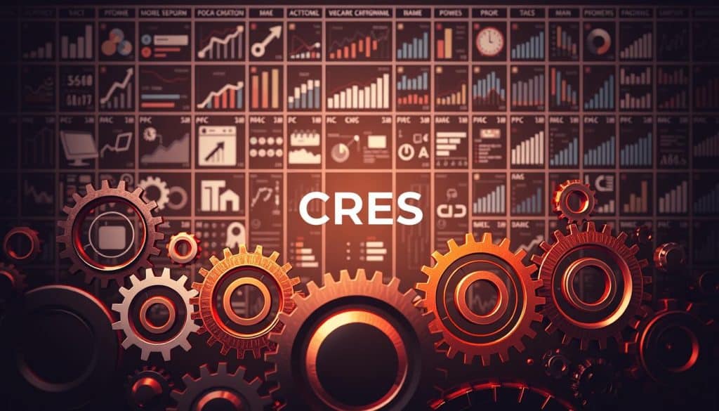 A dynamic, data-driven PPC management process, illustrated with a sleek, modern aesthetic. In the foreground, a series of interconnected gears and cogs, representing the intricate workflow of keyword research, ad creation, and campaign optimization. The middle ground features a stylized CRES logo, conveying the brand's expertise and authority in the field. In the background, a matrix of charts, graphs, and performance metrics, underscoring the analytical rigor and data-driven approach that underpins the process. Warm lighting casts a professional, business-focused atmosphere, while clean, minimalist design elements create a sense of efficiency and precision.