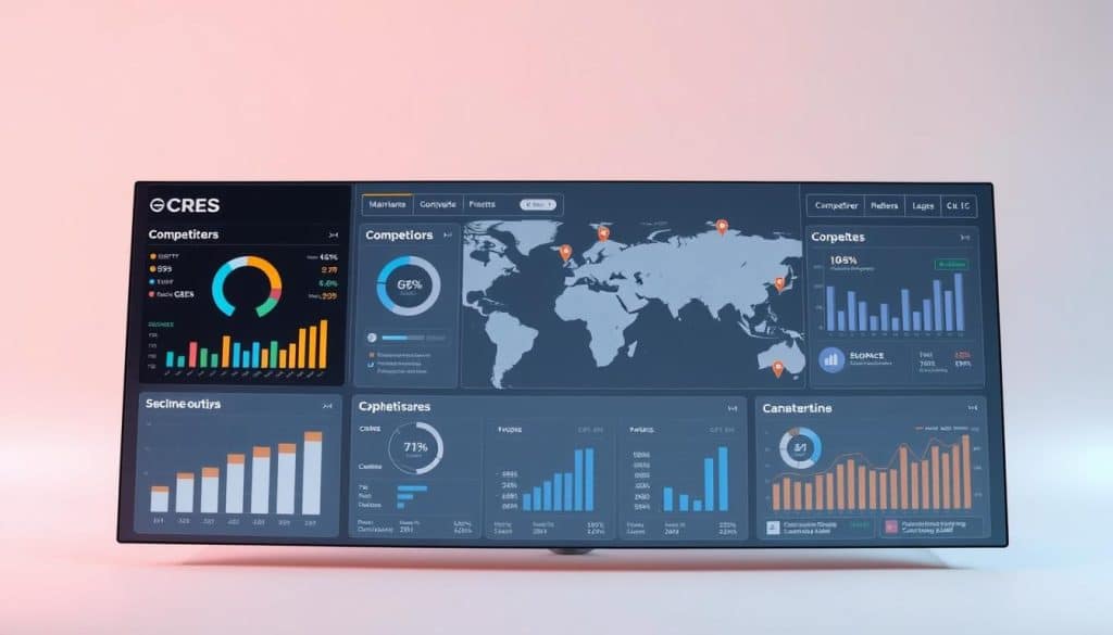 A dynamic, data-driven visualization showcasing a comprehensive competitive analysis. In the foreground, a sleek, minimalist dashboard displays key performance metrics for CRES and its rivals, with clean charts and infographics. The middle ground features a world map with pinpoints marking the geographic spread of the competitors, while the background gradually fades into a soft, muted color palette suggestive of strategy and decision-making. The lighting is crisp and directional, emphasizing the professionalism and attention to detail. Captured at a wide, panoramic angle to convey the breadth and depth of the competitive landscape.