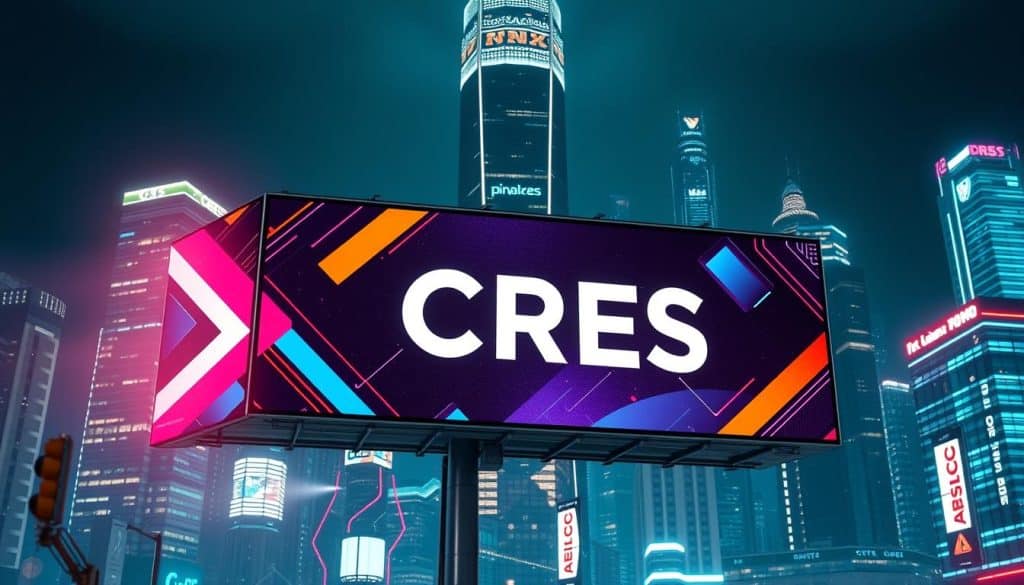 A dynamic digital billboard displaying the CRES brand name, set against a futuristic cityscape. The billboard features a vibrant, eye-catching design with bold geometric shapes, vivid colors, and mesmerizing motion graphics. The scene is illuminated by a dramatic, cinematic lighting setup, creating a sense of energy and high-tech sophistication. In the background, a towering, neon-lit skyscraper landscape reflects the city's cutting-edge, innovative spirit. The entire composition conveys the power and versatility of unique digital advertising in today's modern, fast-paced market.