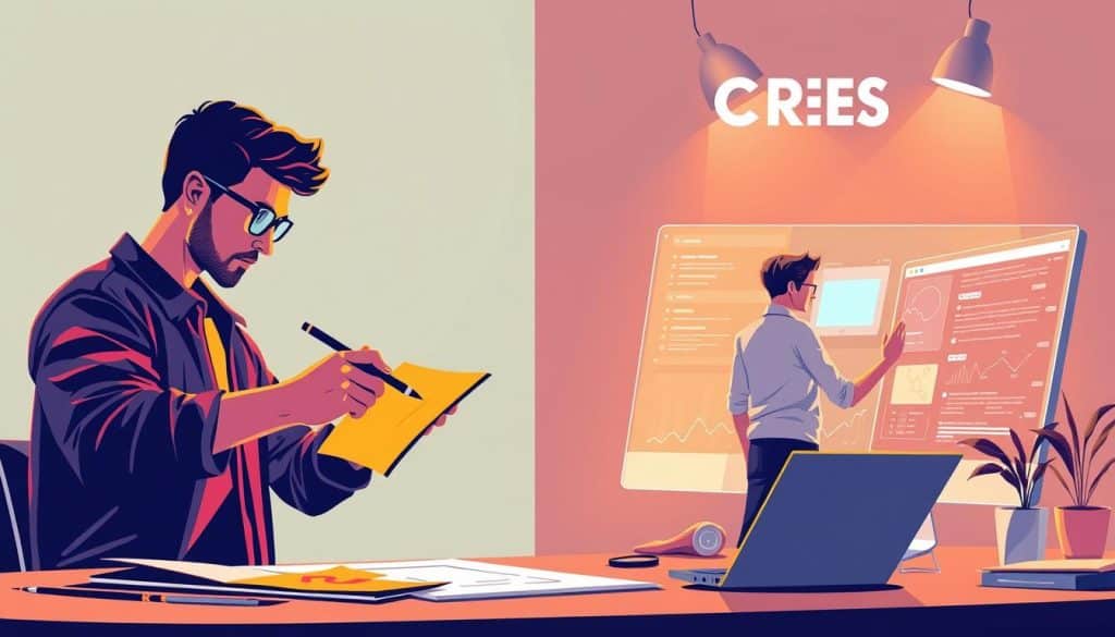 A dynamic digital illustration depicting the juxtaposition of graphic design and UX design. In the foreground, a skilled graphic designer wields a stylus, meticulously crafting vibrant typography, shapes, and color schemes. In the middle ground, a UX designer navigates a sleek, minimalist interface, considering user flows and interactions. In the background, a CRES logo shines, symbolizing the convergence of these two disciplines for enhanced user experience. Warm, diffused lighting casts a professional, tech-savvy atmosphere, while a slight, dynamic camera angle adds depth and visual interest.