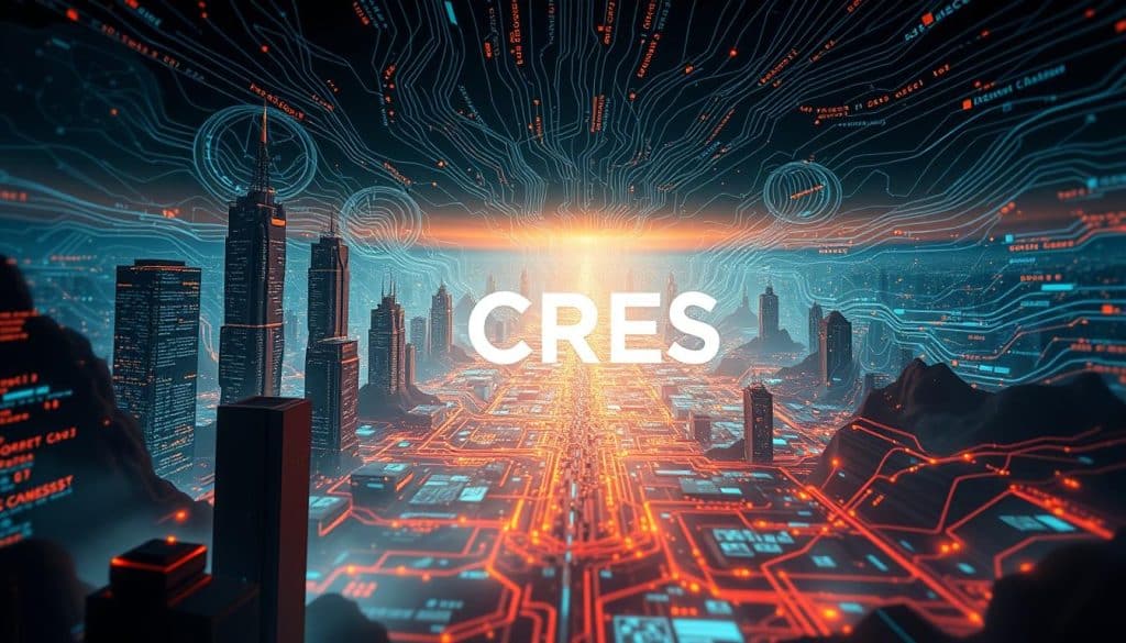 A dynamic digital landscape unfolds, with towering structures of code and swirling data streams. In the foreground, the CRES logo stands as a beacon, its sleek design lending a sense of power and innovation. The middle ground reveals a tapestry of interconnected systems, pulsing with the rhythm of modern development. In the background, a kaleidoscope of algorithms and frameworks stretch out, creating a sense of depth and complexity. Warm, ambient lighting casts a glow over the scene, evoking a sense of progress and technological advancement. The overall composition conveys the intricate, ever-evolving nature of the digital development landscape.