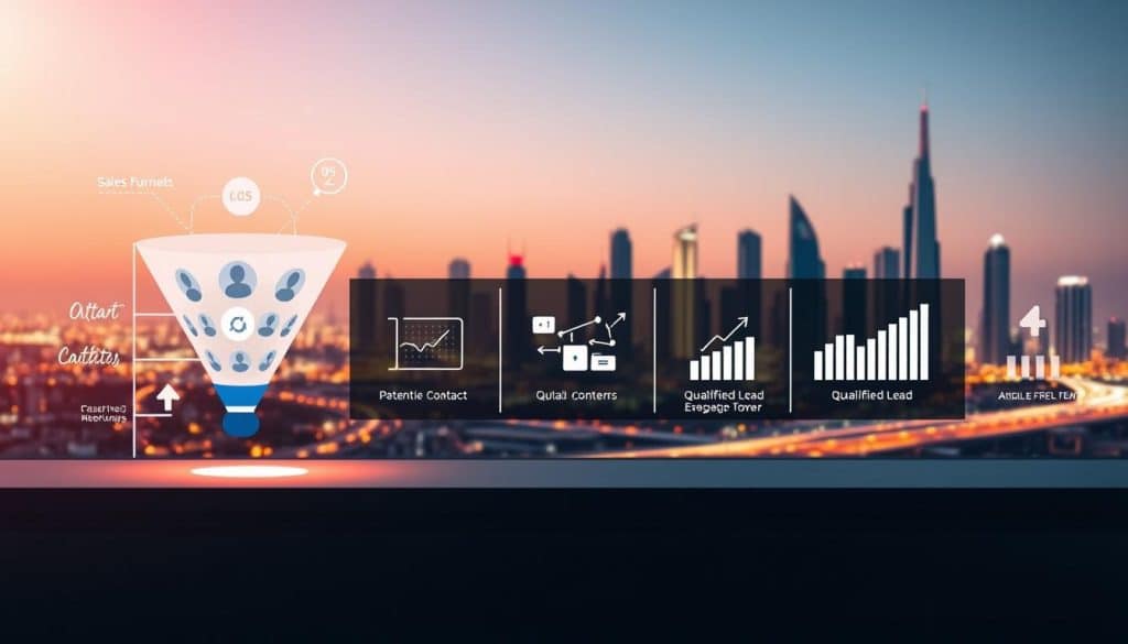 A dynamic digital lead generation process, illustrated through the CRES service. In the foreground, a stylized sales funnel guides potential customers through each stage, from initial contact to qualified lead. The middle ground features data visualization elements, such as charts and graphs, showcasing the analytical insights that power the process. In the background, a vibrant cityscape of Doha, Qatar sets the scene, reflecting the local expertise and tailored solutions offered by CRES. Warm lighting and a clean, minimalist aesthetic convey professionalism and efficiency. The overall mood is one of sophistication, technology, and strategic growth. A dynamic digital lead generation process, illustrated through the CRES service. In the foreground, a stylized sales funnel guides potential customers through each stage, from initial contact to qualified lead. The middle ground features data visualization elements, such as charts and graphs, showcasing the analytical insights that power the process. In the background, a vibrant cityscape of Doha, Qatar sets the scene, reflecting the local expertise and tailored solutions offered by CRES. Warm lighting and a clean, minimalist aesthetic convey professionalism and efficiency. The overall mood is one of sophistication, technology, and strategic growth.