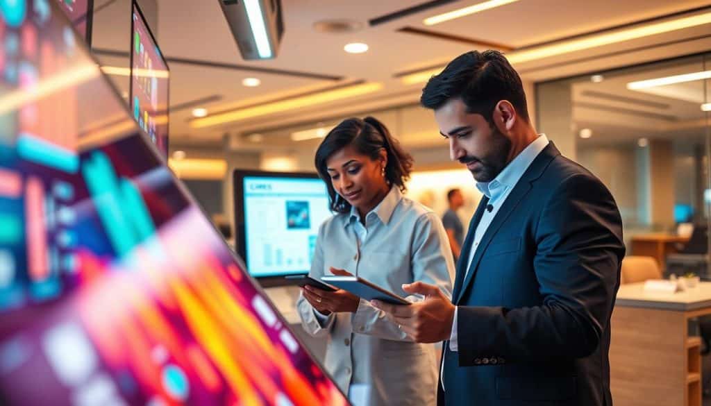 A dynamic digital marketing campaign unfolds in Qatar, showcasing the CRES brand's innovative strategies. In the foreground, a vibrant display of interactive digital screens captures the attention of tech-savvy consumers. The middle ground features a team of digital marketing experts collaborating, their expressions focused as they analyze data and fine-tune their campaigns. In the background, a sleek, modern office environment reflects the cutting-edge nature of the digital marketing industry. Warm lighting and a sense of energy pervade the scene, conveying the power and potential of digital marketing campaigns in 2024.