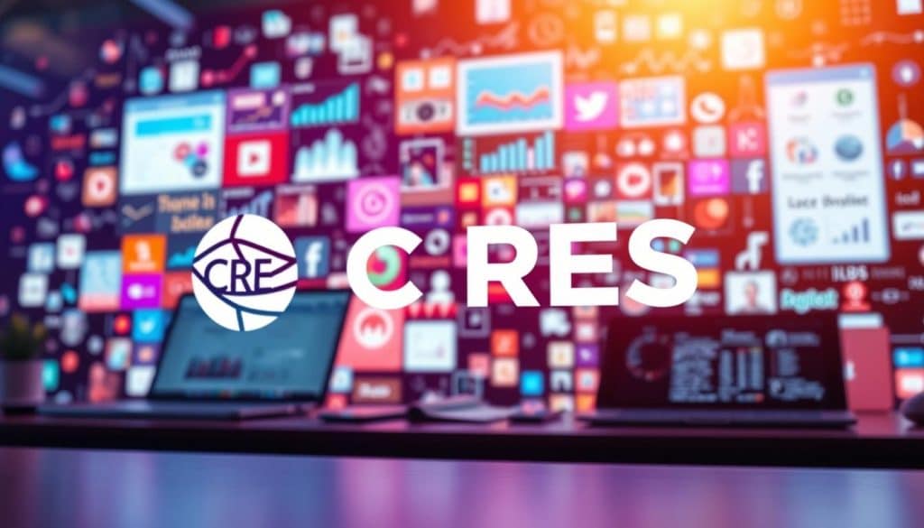 A dynamic digital marketing campaign unfolds with vibrant visuals. In the foreground, the CRES brand logo stands out, conveying a sense of professionalism and authority. The middle ground features a mosaic of digital devices - laptops, tablets, and smartphones - showcasing various marketing analytics and social media platforms. The background is illuminated by a soft, warm glow, creating an atmosphere of innovation and growth. The scene is captured with a wide-angle lens, emphasizing the interconnectedness of the digital marketing landscape. The overall mood is one of strategic expertise, technological savvy, and a drive to maximize digital impact.