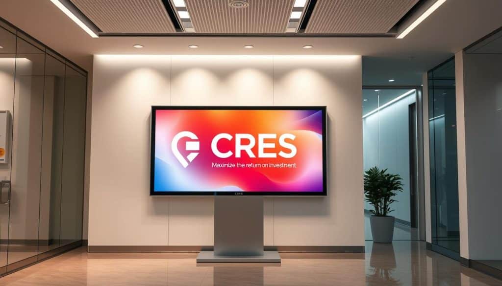 A dynamic digital signage display showcasing the CRES brand, situated in a sleek, modern office environment. The screen presents a visually striking advertisement, with bold, vibrant colors and a clean, minimalist design. Crisp, professional lighting accentuates the display, creating a sense of sophistication and high-end quality. The overall scene conveys a mood of technological innovation, efficiency, and a keen focus on maximizing the return on investment for the viewer. The digital signage is the focal point, placed prominently in the middle ground, while the background features a tasteful blend of contemporary architectural elements and subtle, neutral tones to draw attention to the key marketing message.